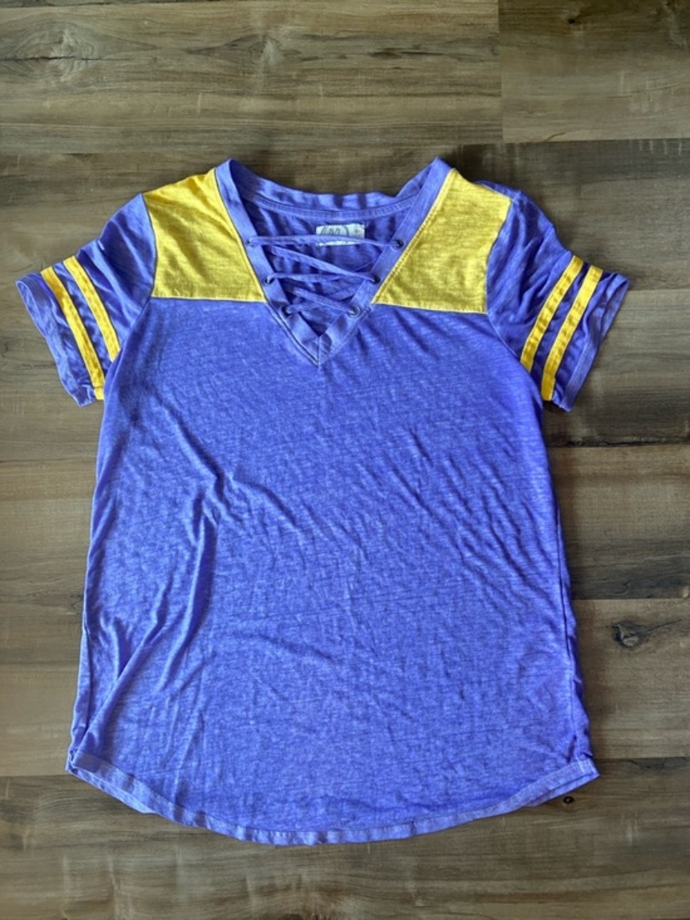 Purple & Yellow Lace-Up V-Neck Tee